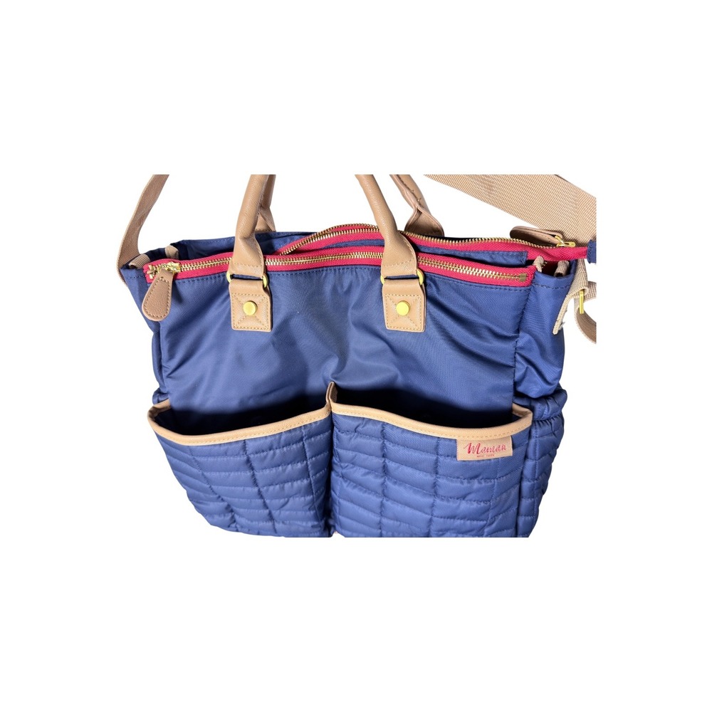 Maman New York Designer Quilted Diaper Bag w/Changing Pad Blue w/tan details - Picture 5 of 9